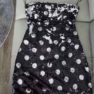 Le Lis Black and Silver Sequin Strapless Dress